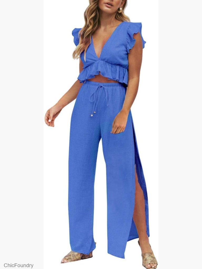 2 Piece Outfit Deep V Crop Top Wide Leg Pants Set Jumpsuit